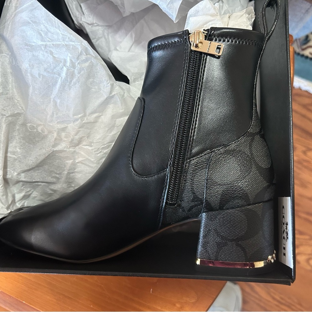 Coach Black Leather Ankle Boots with Gold Zipper